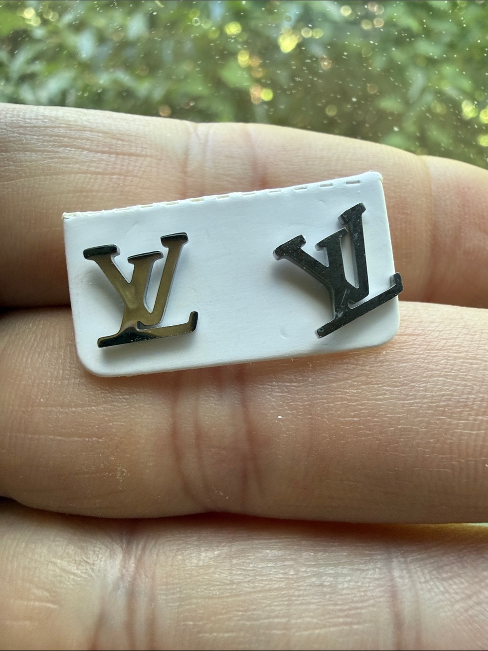 Silver LV Monogram Stud Earrings - Picture 2 of 2